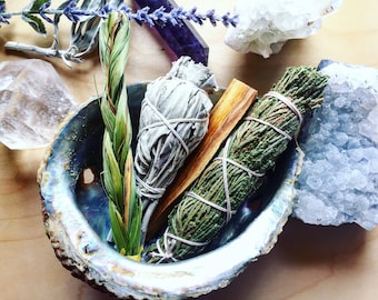 Sacred Medicine Smudge Kit | Cedar, White Sage, Palo Santo, + Sweetgrass in Abalone Shell