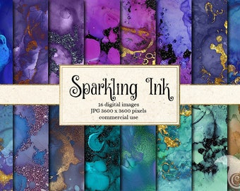 Sparkling Ink Textures, glitter paint textures, liquid digital paper, watercolor night sky and ocean backgrounds, alcohol ink splatters