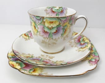 Royal Standard Teacup, Saucer, and Plate Trio - Art Deco Floral Pattern - Vintage Tea Time