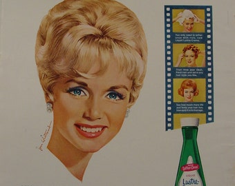 1963 Debbie Reynolds Lustre Creme Shampoo Ad ~ Jon Whitcomb Artwork ~ My Six Loves Movie Promo