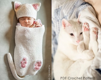 Baby Cat Cocoon Hat & Booties Crochet Pattern