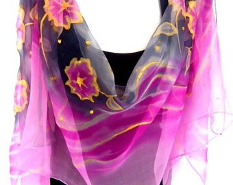 Silk Scarf, Hand Painted Silk Scarf, Pink Gray Gold, Floral Chiffon Silk Scarf
