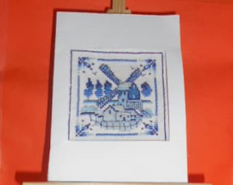 Embroidered card on canvas way Delft earthenware