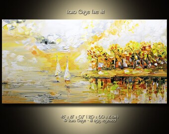 Dreams are like Water Landscape Sea Boats White Abstract Original Painting Contemporary Modern Palette Knife Painting by Lana Guise