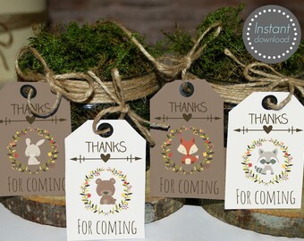 Woodland favor tags printable, woodland baby shower tags, woodland birthday favors, thank you tags, woodland animal favors