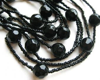 Vintage 20s Art Deco Jet Black Glass Bead 60" Long Lariat Sautoir Beaded Necklace