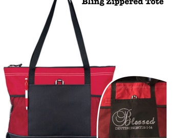 Blessed Rhinestone Zipper Tote