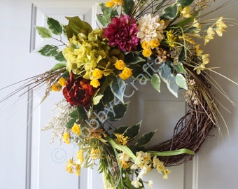 Large Wreath,Fall Wreath,Door wreath, Hydrangea Mums Wreath, Mums Roses Wreath Original Handmade