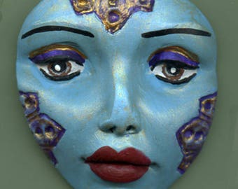Polymer Clay Large Turquoise and Gold Detailed Tribal Face Un Drilled LGTF 1