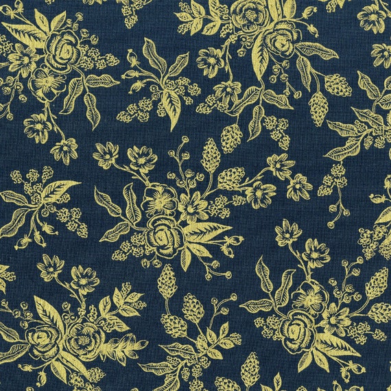 English Garden Toile Navy Metallic Fabric By Paper