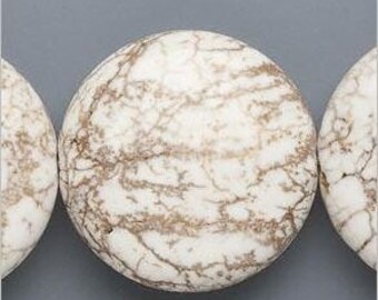 White Magnesite Puffed Flat Round Bead Focal Pendant 30mm 2 pieces