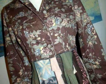 Size Large, upcycled, coat,wearable,art,artsy,dress,long,repurposed,patchwork,holly hobby,shabby chic, clothing,one of a kind,vintage