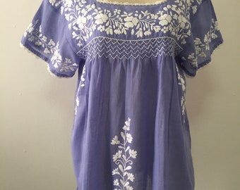 Embroidered Mexican Blouse Cotton Short Sleeve In Blue, Boho Blouse