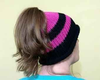 Messy Bun Hat Crochet Knitted Black Pink Poneytail Hat