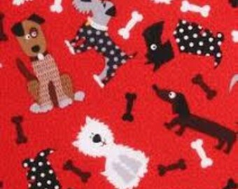 Novelty dogs and bones on red fabric, By the Half Yard, 44" wide, 100% cotton