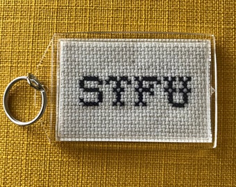 Keychain Stitch Completed Cross Stitch “STFU” side 1 “GTFO” side 2  mature/NSFW keyring funny cute gift party favor