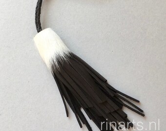 Tassel bag charm BOHO in black Italian leather. Asymmetrical tassel bag charm. Tassel purse charm. Gift for women