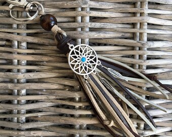 Dreamcatcher Tassel Keychain with Purse Clip - Shades of Brown - Southwestern Style Bag Charm, Hippie Handbag Charm, Gift for Her KC215C