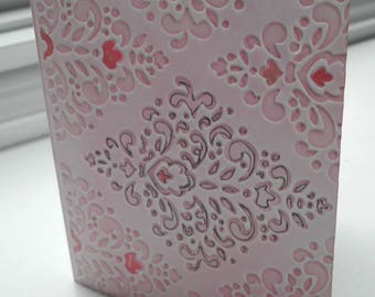 Now 1.00 Shipping Beautifully Embossed Damask Motif Note Card with Pink and Black Accents for Any Occasion
