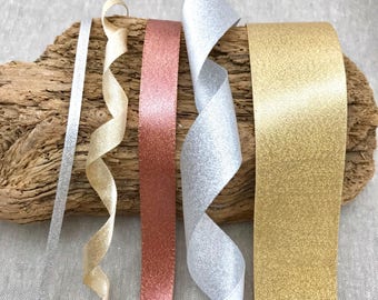 Sparkle Satin Ribbon - Rose Gold - Silver - Champagne Gold - 1/8" 3/8" 5/8" 1" 1 1/2" - 1m 3m 5m 10m lengths - Metallic Sparkle Ribbon
