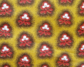 Vintage Cotton Fabric / Fifties Fabric / Small Floral Print in Burnt Orange and Brown on Mustard Yellow / Glazed Cotton / Vintage Sewing