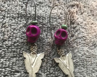Skull ArrowHead Silver Drop Earrings