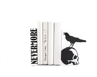 Bookends Nevermore // Raven on a skull // EDGAR ALLAN POE // Room Decor // For Library // Free Shipping // Poetry decorative bookends