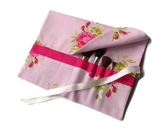 Makeup Brush Roll Pink Roses Floral Cosmetic Organizer Travel