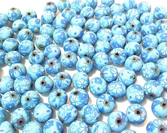 20 Fimo Polymer Clay Round Beads Skyblue blue flower beads 12mm