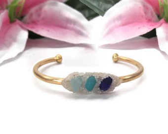 Sea Glass Cuff Bracelet - Blue Ombre Beach Glass Bracelet