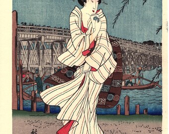 Japanese Ukiyoe, Woodblock print, Hiroshige, "Ryogoku yu-suzumi"