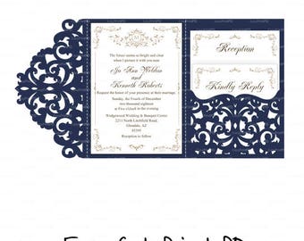 Wedding invitation Set of Tri Fold Lace pocket envelope 5x7 Card Template (studio V3, svg, dxf, cdr) laser cut Instant Download Cricut Cameo