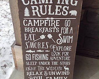 Camping rules sign, rustic Camping Sign, Rustic Camping, Camper sign, Cabin, Lake, Cottage Rules Sign Primitive Typography subway sign