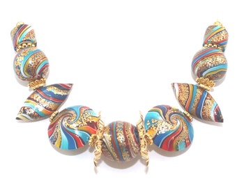 Colorful Polymer Clay beads, round stripes beads, elegant spiral lentil beads for Jewelry Making, 9 beads in rainbow colors with gold touch