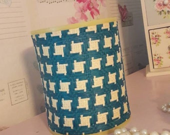 Retro lamp shade, blue, white, weaved, light shade, 1970's lighting design, table lamp shade, retro lighting, vintage home decor.