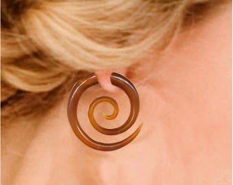 Fake Gauges, Large Amber Spiral Earrings, Fake Gauge Earrings, Rare Caramel Horn, Tribal Earrings, Fake Piercing, Fake Plugs, SA4