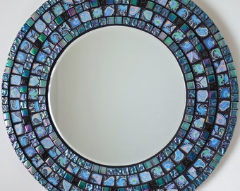 Beautiful Handmade Mosaic Mirror Bevelled Edge Glass Green/Blue Mosaic Tile