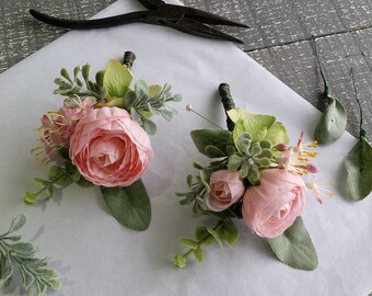 Pink & grey / gray boutonnieres Silk flower corsage Peony ranunculus buttonhole Groomsmen Wedding flower Boutonniere Annie Thompson Flowers