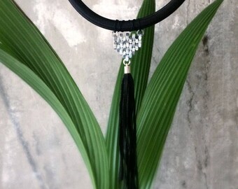 Long tassel necklace geometric triangle jewelry silver hex nut necklace leather tassel jewelry Modern pendant Gift for her Modern jewelry