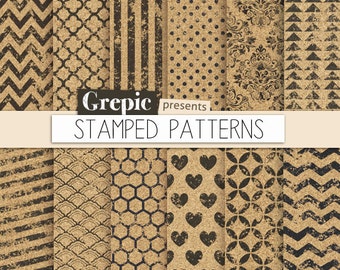 SALE 50% Grunge digital paper: "STAMPED PATTERNS" with stamped polkadots, chevron, stripes, black ink patterns on cork backgrounds