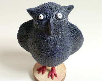 Black Owl Sculpture - Owl Figurine, Fat Bird, Folk Art Owl, Bookshelf Art Object, Owl Ornament, Black Bird Figurine, Owl Decor