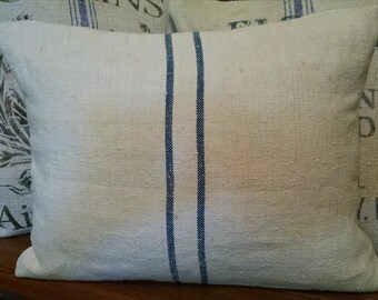Antique Hand-Woven Grain Sack 12”x16” Two blue stripes Pillow Cover