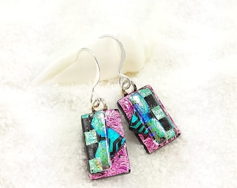 Dichroic glass Earrings, Fused glass jewelry, dichroic handmade jewelry, pink earrings, glass jewelry, dichroic glass beads, glass fusion