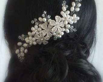 Coco-Freshwater Pearl,Sworavski Crystal and Rhinestone flower Bridal Comb