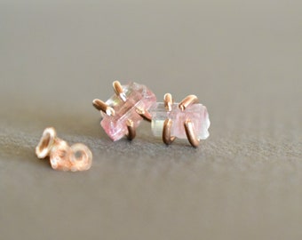 Watermelon Tourmaline Crystal Earrings. Raw Rough Pink and Green Tourmaline, Tiny Crystal 14K Rose Gold Fill Studs, Minimalist Jewelry, 6mm