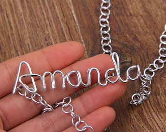 Silver Custom Name Necklace, Personalized Name Wire Necklace, Amanda Wire Word Name Pendant Necklace