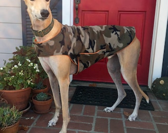 Greyhound Dog Coat, XL Dog Jacket, Green, Brown, and Beige Traditional Camo Fleece with Orange Fleece Lining