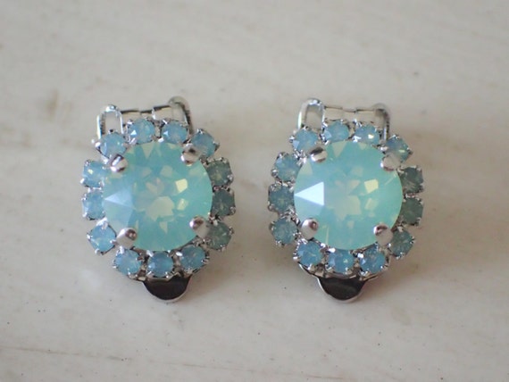 Chrysolite Opal and Pacific Opal Swarovski Crystal Clip On Earrings, Silver