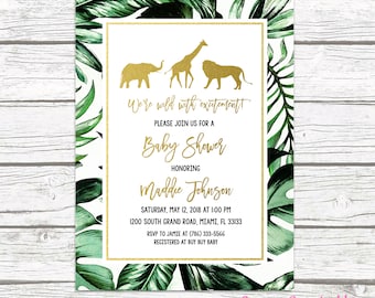 Safari Baby Shower Invitation, Gold Safari Baby Shower Invitation, Leaf Safari Baby Shower Invitation, Jungle Animal Baby Shower Invite