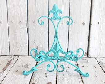 Turquoise Blue Easel, Metal Easel, Book Stand, Art Prop, Shabby Cottage Chic, Fleur De Lis, Parisian Chic, French Country, Paris Apartment